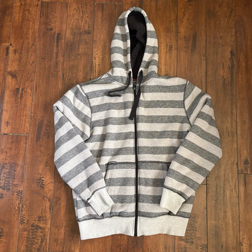 Y2K Skater Distortion Full Zip Hoodie Mens M Gray Stripes 2000s Emo Grunge